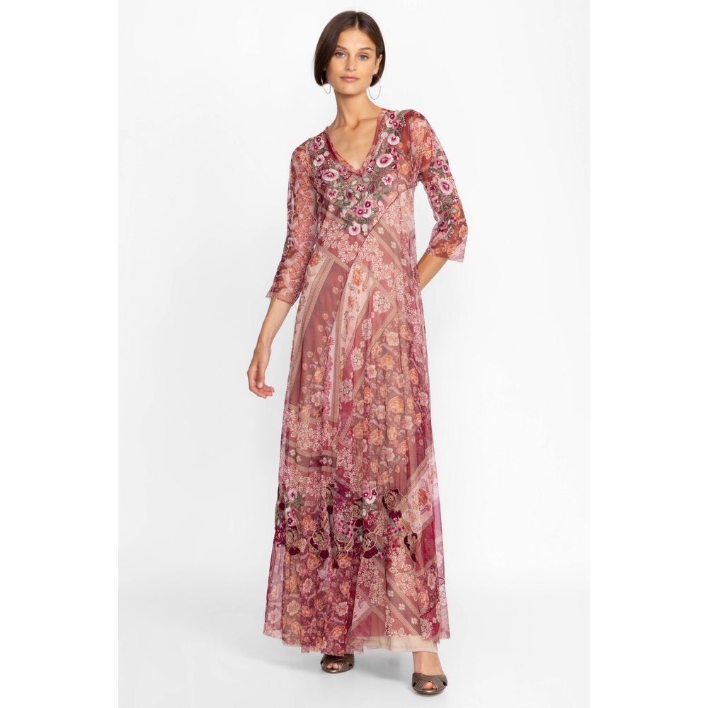 Biya Johnny Was Floral Patchwork Embroidered Mesh Maxi Dress Pink XL